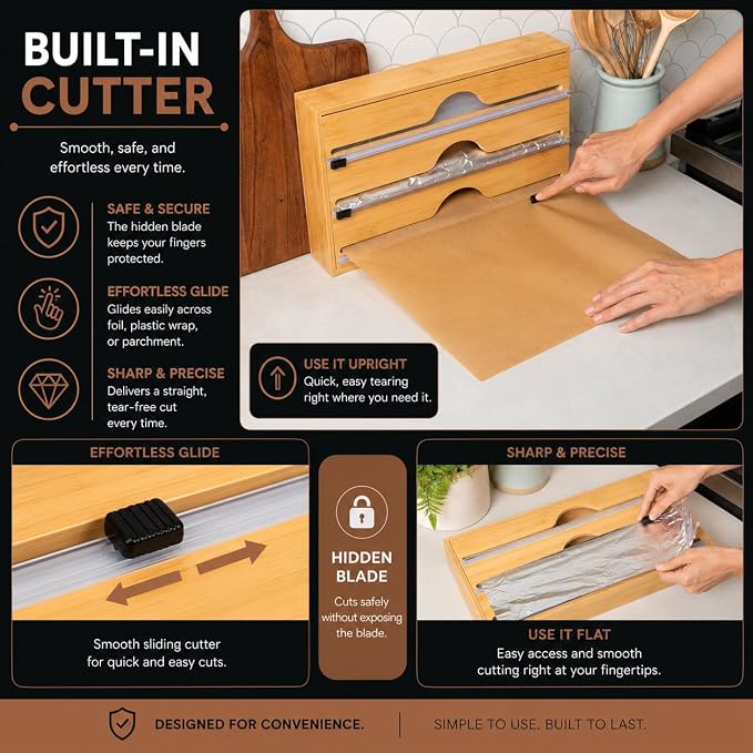 3-in-1 Bamboo Kitchen Wrap Organizer | Wall, Drawer & Counter | Serrated Cutter | Fits Any 12" Roll | Avero Brands - Image 5