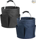 17L Bucket Tool Organizer with 6 Side Pockets, 2Pcs Collapsible Cleaning Caddy with Handle, Folding Gardening Tool Bag, Multifunctional Storage Basket for Garden, Bathroom, Black + Navy Blue by IHOMAGIC
