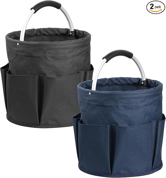 17L Bucket Tool Organizer with 6 Side Pockets, 2Pcs Collapsible Cleaning Caddy with Handle, Folding Gardening Tool Bag, Multifunctional Storage Basket for Garden, Bathroom, Black + Navy Blue by IHOMAGIC