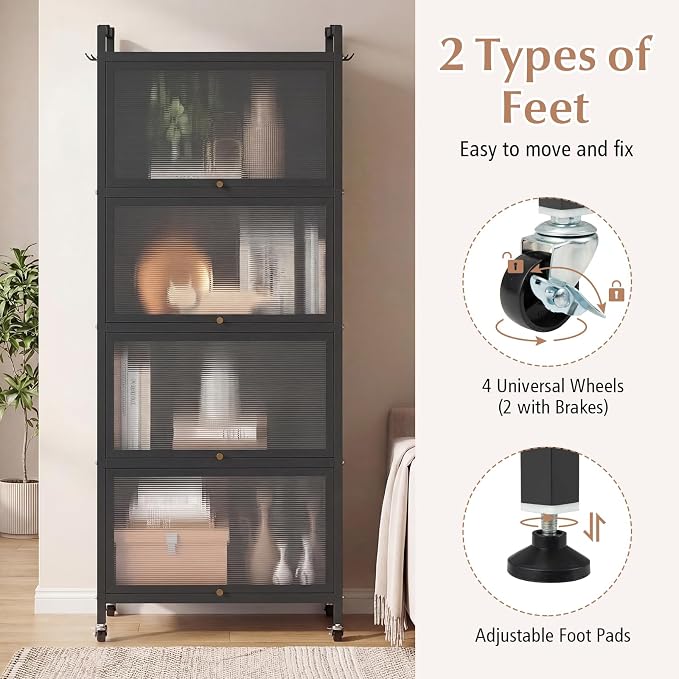 GIANTEX 5-Tier Kitchen Storage Cabinet, 4 PC Doors, Rolling Wheels, Black | Mobile Metal Pantry Cabinet with 4 Hooks & Adjustable Feet, 60" Baker's Rack Microwave Stand for Dining & Living Room - Image 8