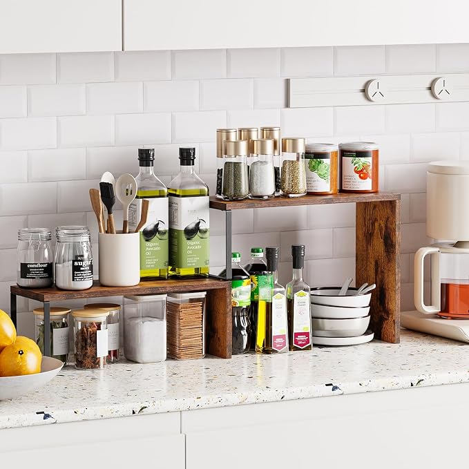 Kitchen Countertop Organizer, Spice Rack Cabinet Organizer Shelf Stackable Counter Corner Shelves Organization and Storage for Pantry, Counter top, Coffee Station Wood Rustic Brown - Image 3