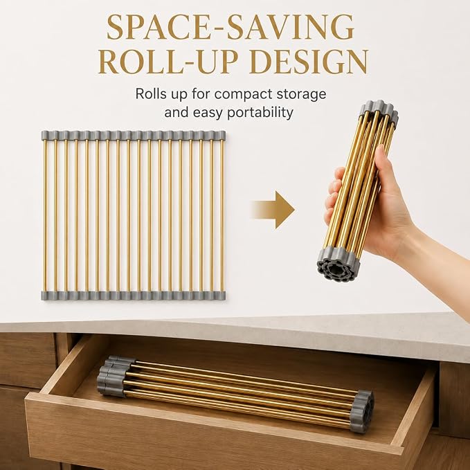 Snailhouse Roll Up Dish Drying Rack, Stainless Steel Dish Drainer Over The Sink with Anti-Slip Silicone for Kitchen Counter, Gold (17.8 x 11.8 in) - Image 3