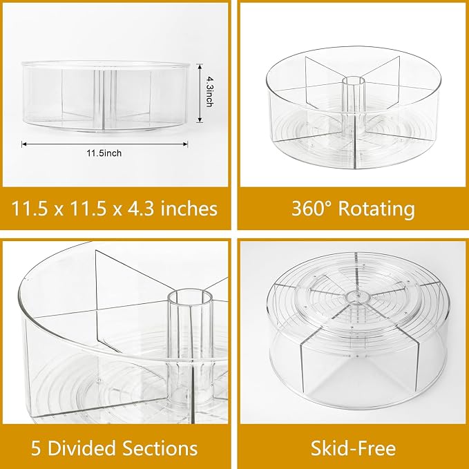 Large Lazy Susan Rotating Turntable Organizer with 5 Dividers - for Kitchen, Bathroom, Cabinet, Pantry, Fridge, Countertop, Vanity - Spinning Food Storage Container for Spices, Condiments-11.5", Clear - Image 2