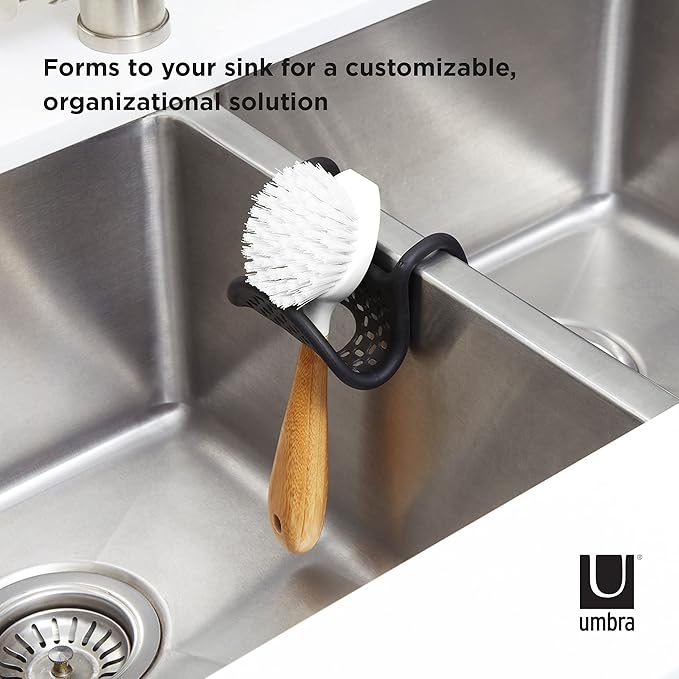 Umbra Sling Flexible Sink Caddy, Elastic Non-Slip Sponge Holder, Black | Rubber material, perforated base for drainage, prevents moisture buildup, fits faucet necks, easy rinse clean - Image 4