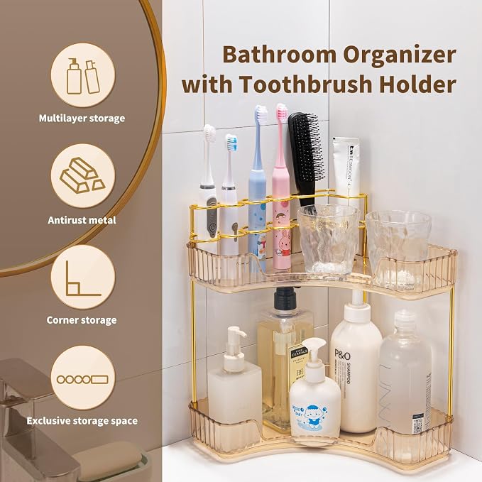 Makeup Organizer 2-Tier Bathroom Counter Organizer with Makeup Brush Holder | Corner Bathroom Organizer Countertop, Acrylic Counter Storage for Bathroom Dresser, Skincare Perfume Organizer-Amber Gold - Image 5