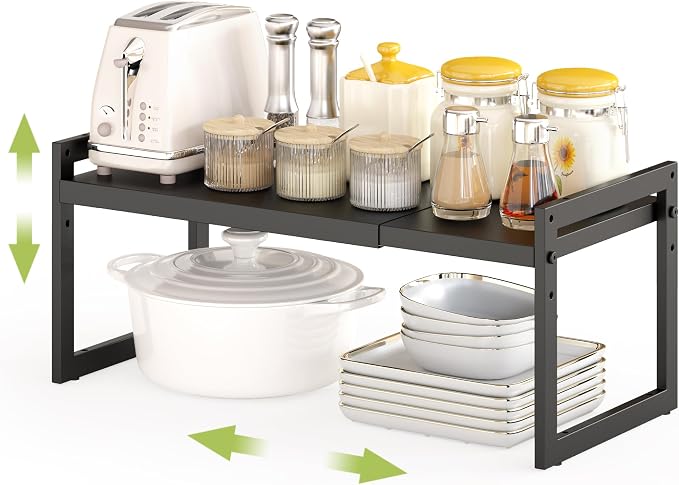 DOLALIKE Expandable kitchen Countertop Organizer, Stackable Cabinet Shelf Organizers, Space Saving Spice Rack Pantry Storage for Bathroom Office (Black, 1 Pack) | Space Saving Metal Pantry Storage Racks for Kitchen Spice Rack Pans and Untensils Bathroo... by DOLALIKE