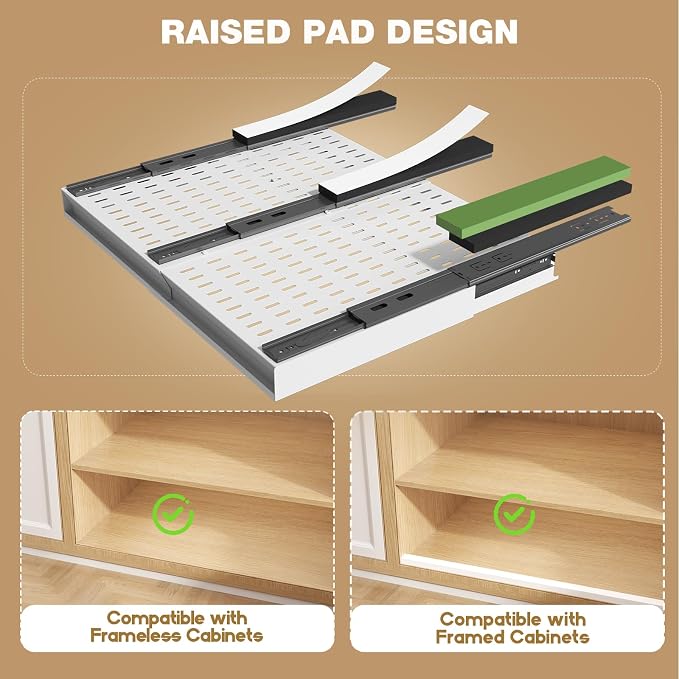 Seinloes Pull Out Cabinet Organizer, 4-Side Expandable to Fit Most Cabinets, 3 Rail Slide Out Drawers with Raising Pad for Framed & Frameless Cabinets, 15"-25" W x 17"-24" D, White, 4 Pack - Image 3