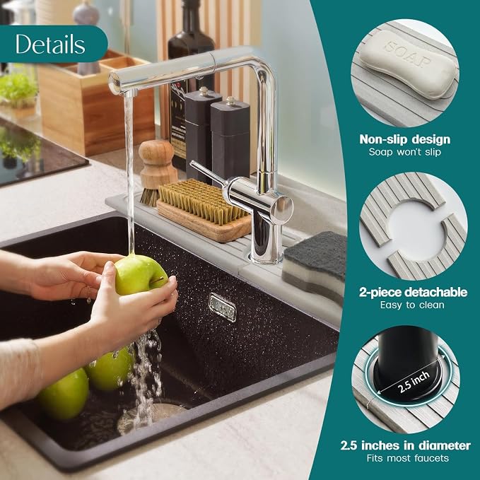 Stone Faucet Mat for Kitchen Sink – Diatomite Drying Stone Mat & Sink Protector, Prevents Moisture – Sink Splash Guard Water-Absorbing Stone Tray for Bathroom Counter (Light Grey, 20" x 3.9") - Image 8