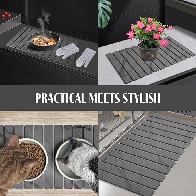 Large Stone Dish Drying Mat for Kitchen Counter, Quick Dry Dish Drying Mats, Foldable Absorbent Diatomaceous Earth Mats for Dishes Bottles Cup, Match Any Countertop (Gray Marble 28"×16" & 8"x4") - Image 7