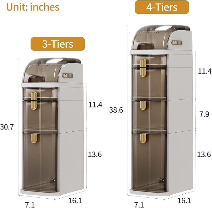 3-Tiers Slim Bathroom Storage Cabinet with Drawers & Tissue Box | Plastic Narrow Rolling Bathroom Tower Cart Waterproof & No Installation for Small Spaces Kitchen Laundry Living Room - Image 3