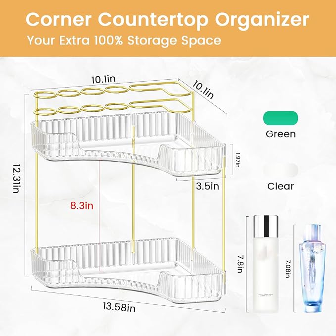 Makeup Organizer 2-Tier Bathroom Counter Organizer with Makeup Brush Holder | Corner Bathroom Organizer Countertop, Acrylic Counter Storage for Bathroom Dresser, Skincare Perfume Organizer-Clear - Image 3