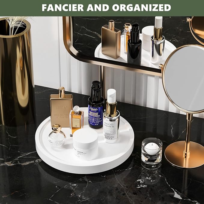 Turntable Vanity Tray, 9 Inch Bamboo Kitchen Sink Countertop Organizer | Perfume Candle Tray, Keep Glass Sponge and Soap, Bathroom Countertop Organizer, White - Image 3