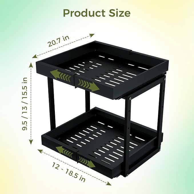 Abalter Expandable Pull Out Cabinet Organizer(12-18.5" W x 21" D), 2-Tier Slide Out Drawer for Kitchen Cabinets, Slide Out Shelves for Kitchen Countertop, Bathroom, Pantry, Heavy Duty Caddy(Black) - Image 3