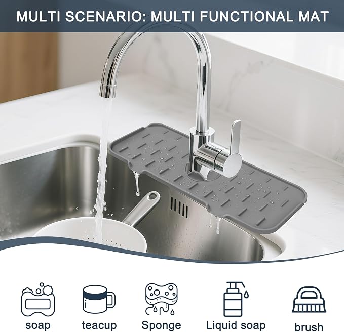 Kitchen Sink Splash Guard Silicone Faucet Mat for Kitchen Sink Grey | Sink drain pad behind faucet, Sink rubber mat around faucet guard & draining mat, bathroom sink protector Water Catcher Mat - Image 3