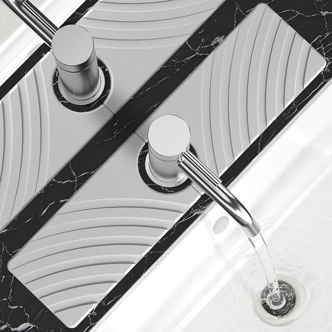SpaceHacks Stone Faucet Mat for Kitchen Sink 15.7x4 in, Light Gray | Fast Drying Diatomite Stone Drying Mat, Water Splash Guard, Textured Drainage Sink Protector, Suits Bathroom&Kitchen Counter by SpaceHacks