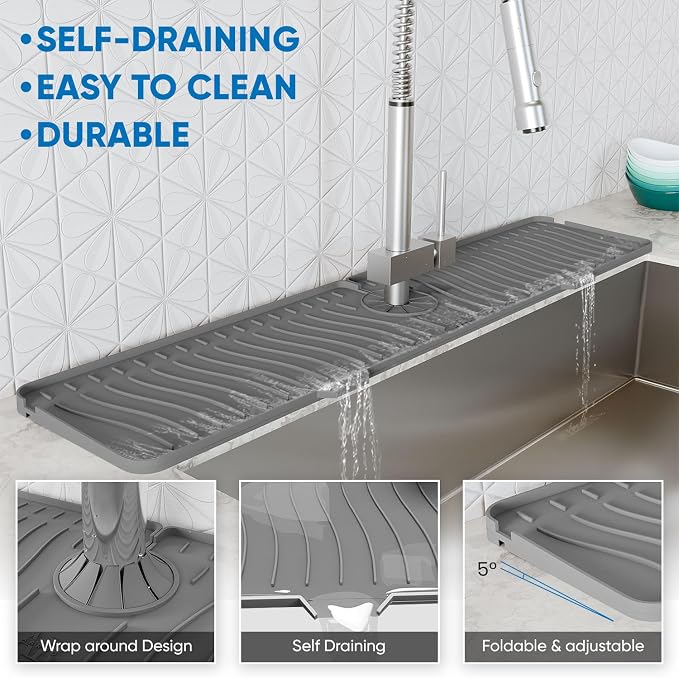 24 Inch Longer Faucet Mat for Kitchen Sink, Silicone Sink Faucet Mat Splash Guard 5° Slope Premium Kitchen Sink Splash Faucet Guard, Fast Self-Draining Mat (gray) - Image 4