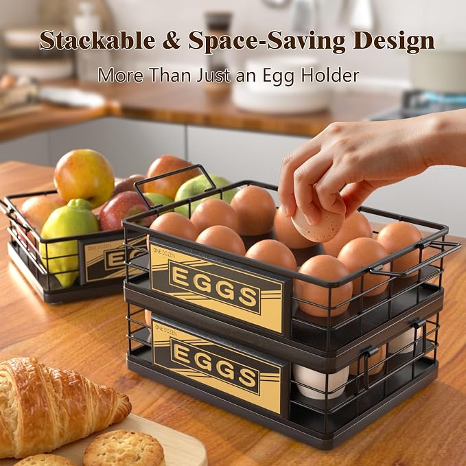 Farmhouse Egg Holder Countertop, Oak Wood & Metal Egg Basket with Handles | Stackable Rustic Egg Tray Organizer for Kitchen Counter, Holds 12 Eggs, Removable Divider for Fresh Egg Storage, Black - Image 4