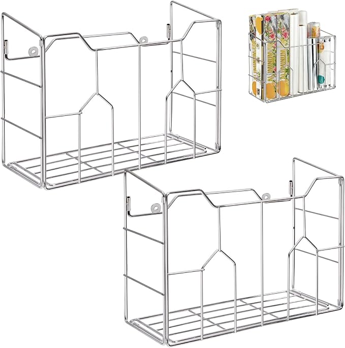 Cididu 2 Pack Kitchen Wrap Organizer Rack Wall Mount, Cabinet Door Organizer Storage, Wall Rack Basket Sturdy Steel Wire, Tall Inside Cabinet Holder for Aluminum Foil Plastic Wrap Wax Paper by Cididu