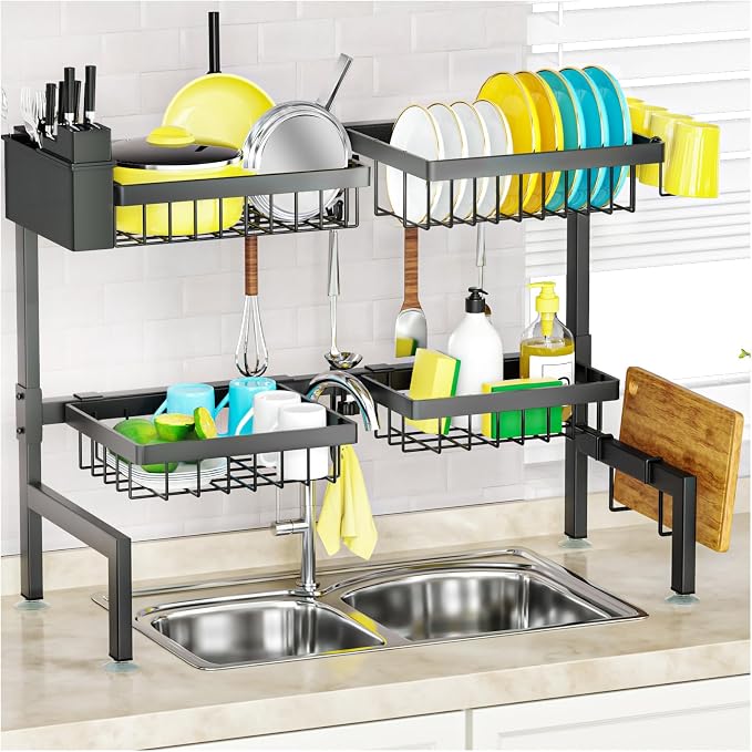 SNSLXH 4 Baskets 2-Tier Over The Sink Dish Drying Rack, 26.57"-35" | Large Dish Drying Rack for Kitchen, Extensible and Adjustable, Saving Kitchen Space by SNSLXH