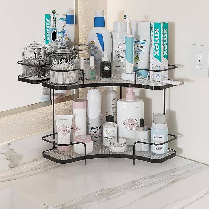 2 Tier Corner Bathroom Counter Organizer, Corner Makeup Organizer | Vanity, Perfume, Skincare Organizers, Kitchen, Bathroom Counter Storage, Tool-Free Assembly, Space-Saving, Black - Image 8