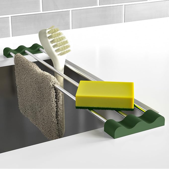 Tomorotec Adjustable Over-The-Sink Kitchen Rack, BPA-Free, Army Green | Holds 16.5 Lbs; For Dishcloths, Sponges, and Brushes - Heat-Resistant Stainless Steel with Slim, Expandable Design by Tomorotec