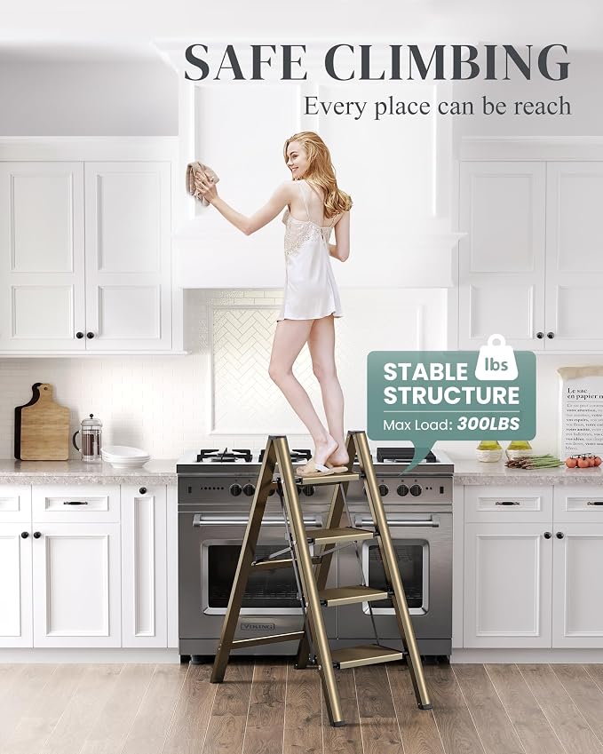 4 Step Ladder, Foldable Aluminum Step Stool with Anti-Slip Pedal | Lightweight yet Sturdy, Portable, Non Slip Feet, 300Lbs Capacity, Elegant Look, for Kitchen, Closet, Pantry, Champagne Gold - Image 5