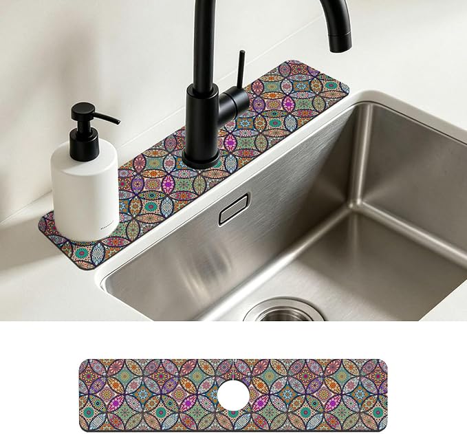 Kitchen Faucet Mat Islam Mandala Floral Flower Sink Splash Guard Behind Faucet Draining Mat Kitchen Accessories Non-slip Easy to Clean for Bathroom & Kitchen 24"X5.5" by Unknown