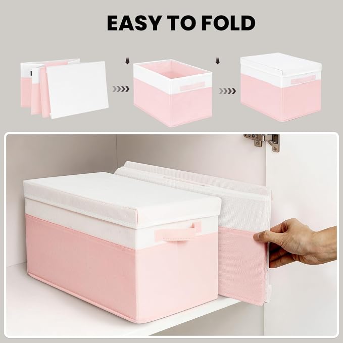 Large Closet Organizer Bins with Lids 4 Pack - 23 QT Collapsible Decorative Storage Boxes with Lids - Clothes Storage Bins with Handles - Fabric Containers for Living Room, Dorm, Nursery - Pink - Image 7