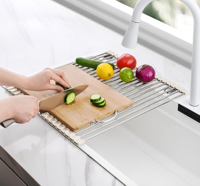 Tomorotec Roll Up Dish Drying Rack Over Sink, 304 Steel, 17.7x15.5, White | Anti-Slip Silicone Rims For Grip, Heat-Resistant Trivet Mat Holding Heavy Cookware, Rustproof Kitchen Counter Space Saver - Image 8