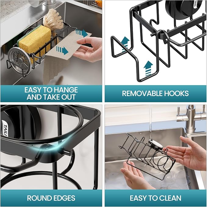TAILI 4-in-1 Sink Sponge Holder for Kitchen with Strong Suction Cup-Black | Removable Sink Caddy with Suction Cup, Rustproof 304 Stainless Steel Multi-compartment Sink Organizer for Sponge, Brushes - Image 5