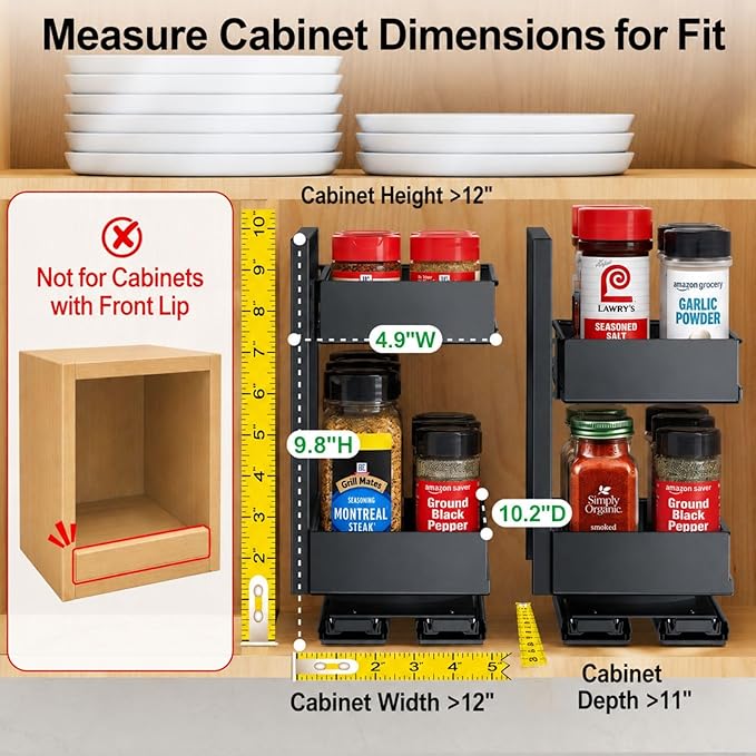 Vertical Spice Rack Pull Out - 1 Pack Rotate No-Drill Slide Out Spice Rack for Cabinet Swivel Easy Access Spices, Adjust Height for 4oz to 8oz Spice Jars Inside Kitchen Pantry Cabinet, Black - Image 2