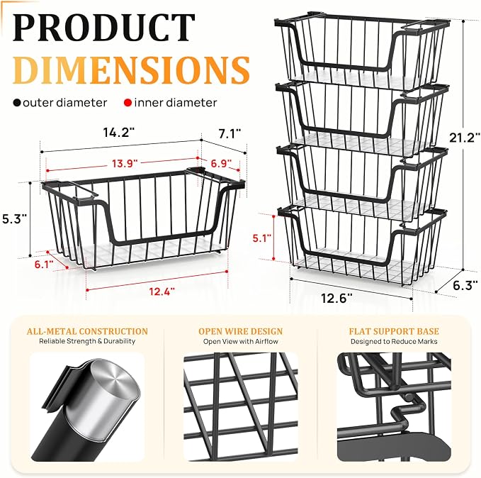 SUNALLY Stackable Storage Bins 6 Pcs Wire Baskets Freezer Organizer, Black | Pantry Organizers Storage, Vegetable Fruit Storage Basket for Countertop, Kitchen Baskets for Onion Potato Snack Cans Storage - Image 2