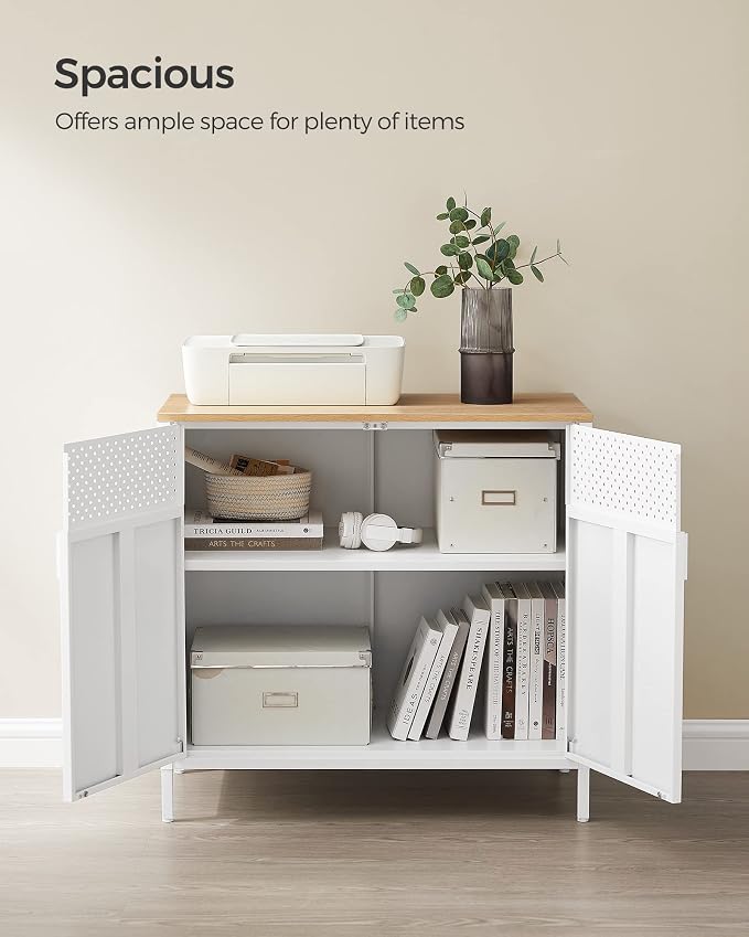 SONGMICS Set of 2 Storage Cabinets, Metal Cabinet, Sideboard with 2 Doors, 15.7 x 31.5 x 29.9 Inches, Magnetic Closure, Adjustable Shelf, Steel Frame, Natural Beige and White ULSC791W01 | Metal Cabinet, 15.7 x 31.5 x 29.9 Inches, Magnetic Closure, Adju... - Image 4