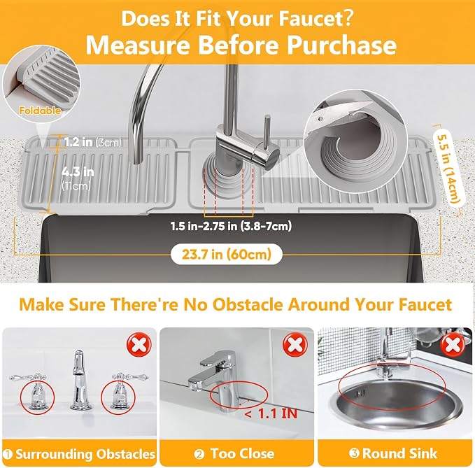 24'' Folding Faucet Mat for Kitchen Sink Splash Guard[7° Slope Fast Self-draining][Snap Lock Fit] Kitchen Sink Faucet Mat Splash Guard Kitchen Sink Area Water Splash Guard Behind Faucet Draining Mat - Image 2