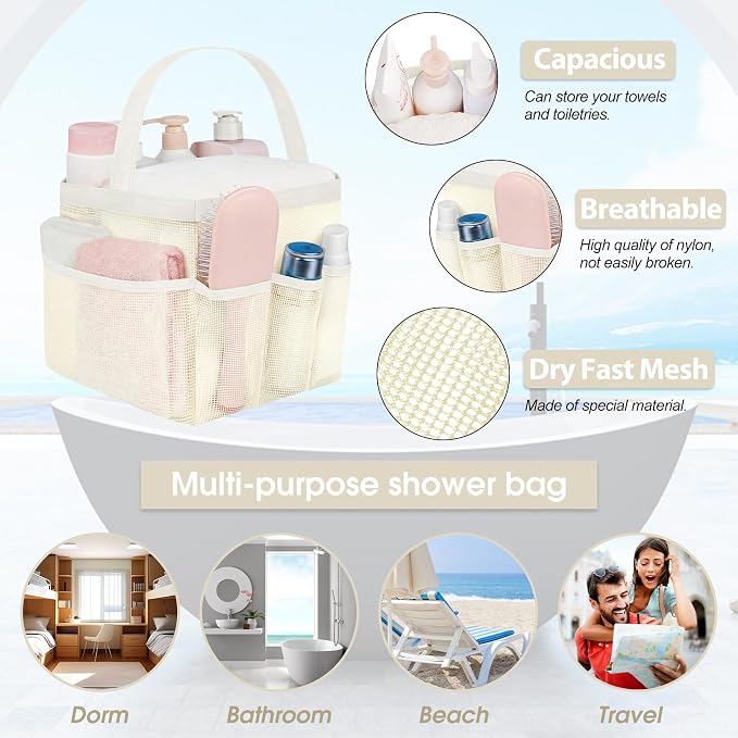 Mesh Shower Caddy Portable - 9 Pockets for College Dorm Room Essential | Large Capacity Mesh Shower Caddy with 9 Pockets, Portable Hanging Toiletry Bag for College Dorm, Gym, Camping and Beach - Image 3
