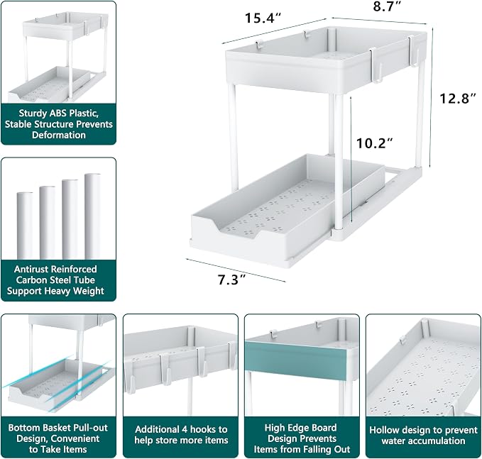 MEAFBIRD 2 Pack Under Sink Organizer, 2 Tier Bathroom Cabinet Organizer with Sliding Basket, Multi-Purpose Under Sink Organizers and Storage for Bathroom Kitchen (White 2 Pack) - Image 3