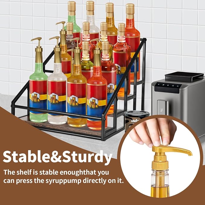 YQBRAO 4-Tier Coffee Syrup Organizer, 16-Bottle Rack, Rustic Brown | Holds up to 16 bottles with stepped visibility; rustic wood and metal design for syrups, kitchens, and home coffee bars. - Image 5