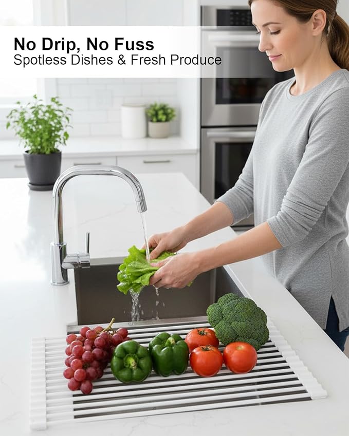 Roll Up Dish Drying Rack Over Sink, 16.93" x 12.99" Foldable Silicone Wrapped Stainless Steel Over The Sink Dish Drying Rack, White - Image 3