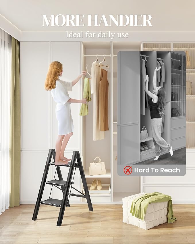3 Step Ladder, Foldable Aluminum Step Stool with Anti-Slip Pedal | Lightweight yet Sturdy, Portable, Non Slip Feet, 300Lbs Capacity, Elegant Look, for Kitchen, Closet, Pantry, Black - Image 4