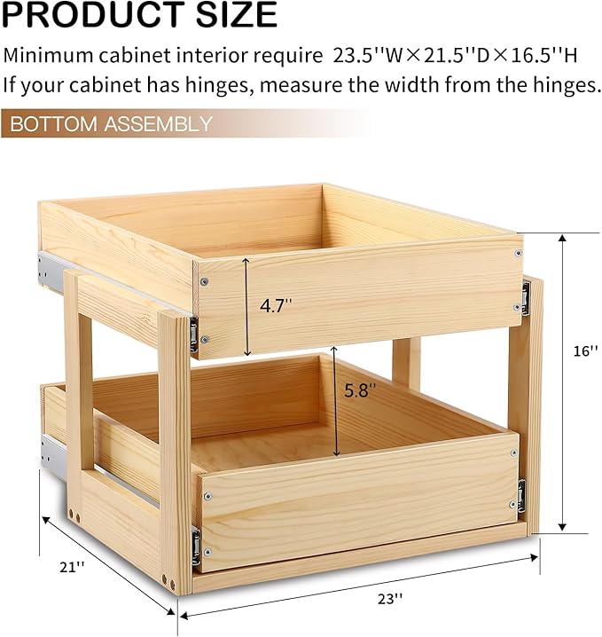 Pull Out Cabinet Organizer 23''W×21''D×16''H Slide Out Drawer | Soft Close Wood Kitchen Pullout Drawers for Cabinets Shelves for Kitchen, 2-Tier, Finished, Heavy-Duty, Bottom Assembly - Image 3