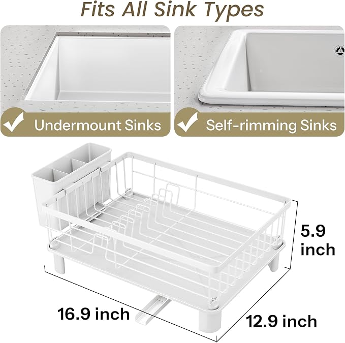 SNTD Dish Drying Rack for Small Kitchen Counter, 12.9" W x 16.9" L, White | Space Saving, Rotating Spout & Angled Drainboard for Quick Drainage, Stainless Steel, Removable Utensil Holder - Image 2