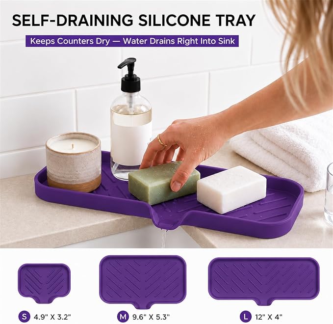 MicoYang Silicone Soap Dish with Drain Spout — Self-Draining Double Sink Organizer Tray for Kitchen & Bathroom, Dispensers, Sponges & Soap Holder, Non-Slip & Dishwasher Safe, Purple (Large, 12"×4") - Image 8
