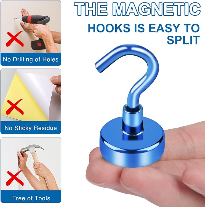 LOVIMAG Magnetic Hooks for Cruise Cabins, 85LBS, 12Pack | Heavy Duty Neodymium Magnet with Hook Essentials for Classroom, Fridge, Ceiling, Hanger, Blue - Image 6