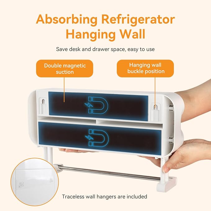 Kitchen Plastic Wrap Dispenser with Cutters Organizer, 3 in 1 Magnetic Foil and Plastic Wrap Organizer with Paper,Sliding Cutter, Fridge Or Wall Mount Storage - Image 4