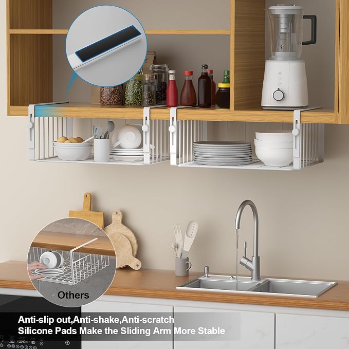 AmonHouseware 2Pack Under Shelf Basket Storage,Adjustable Hanging,White | Under Cabinet Shelf Add-on, Slide-in Baskets,Organizer for Laundry Room Kitchen Pantry Desk Bookshelf Counter Cupboard - Image 5