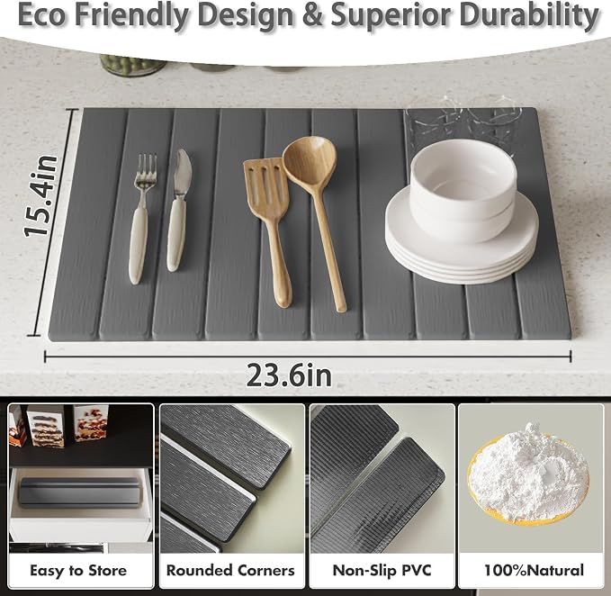 Stone dish drying mats for kitchen counter, large 23.6"L x 15.4"W foldable diatomite dish stone drying mat, quick dry extra fast absorbent roll up rack, stone dish drying mat (Gray, Large) - Image 2