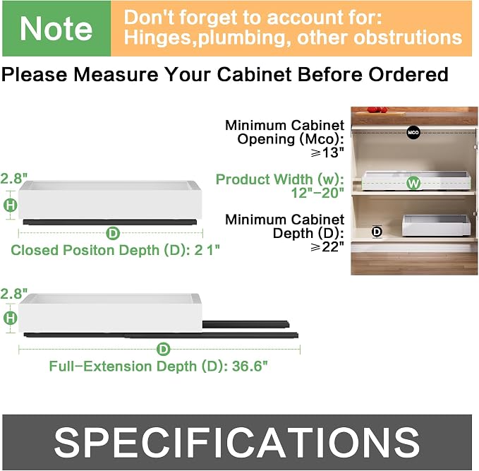 4 Pack Pull out Cabinet Organizer,Extendable (12"-20") Heavy-Duty Pull-Out Drawers (white, 21" Dx12-20 W) - Image 2