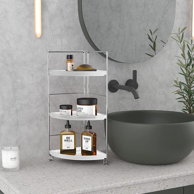 3-Tier Corner Bathroom Counter Shelf Stackable Perfume Storage Holder Makeup Countertop Organizer Standing Vanity Tray Kitchen Spice Rack,White and Silver - Image 2