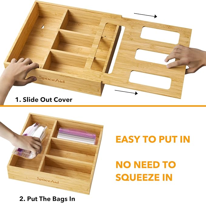SpaceAid Bag Storage Organizer for Kitchen Drawer, Bamboo Organizer, Compatible with Gallon, Quart, Sandwich and Snack Variety Size Bag (1 Box 4 Slots, Natural, 2" High) - Image 5