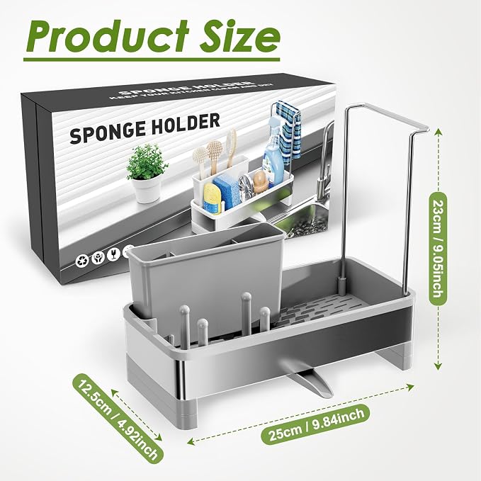 Ewaiira Stainless Steel Sink Caddy, Sponge Holder for Kitchen Sink 9.8″ | with Brush Holder Dishcloth Rack, Rustproof Sink Organizer Countertop, Soap Kitchen Organizers Storage Essentials, Gray - Image 2